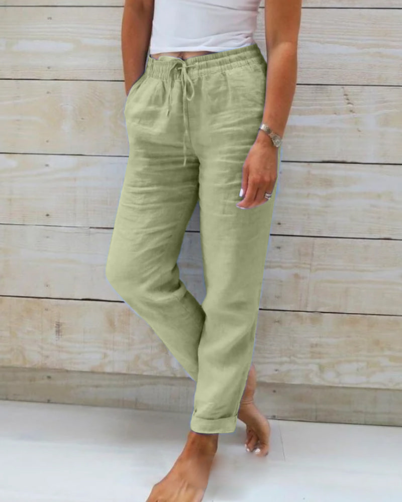 Variant image for Ontspannen Groene Damesbroek van Katoen-Linnenmix met Elastische Taille | Casual Comfort Dames Broeken-25