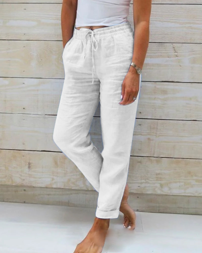 Ontspannen Groene Damesbroek van Katoen-Linnenmix met Elastische Taille | Casual Comfort Dames Broeken-6