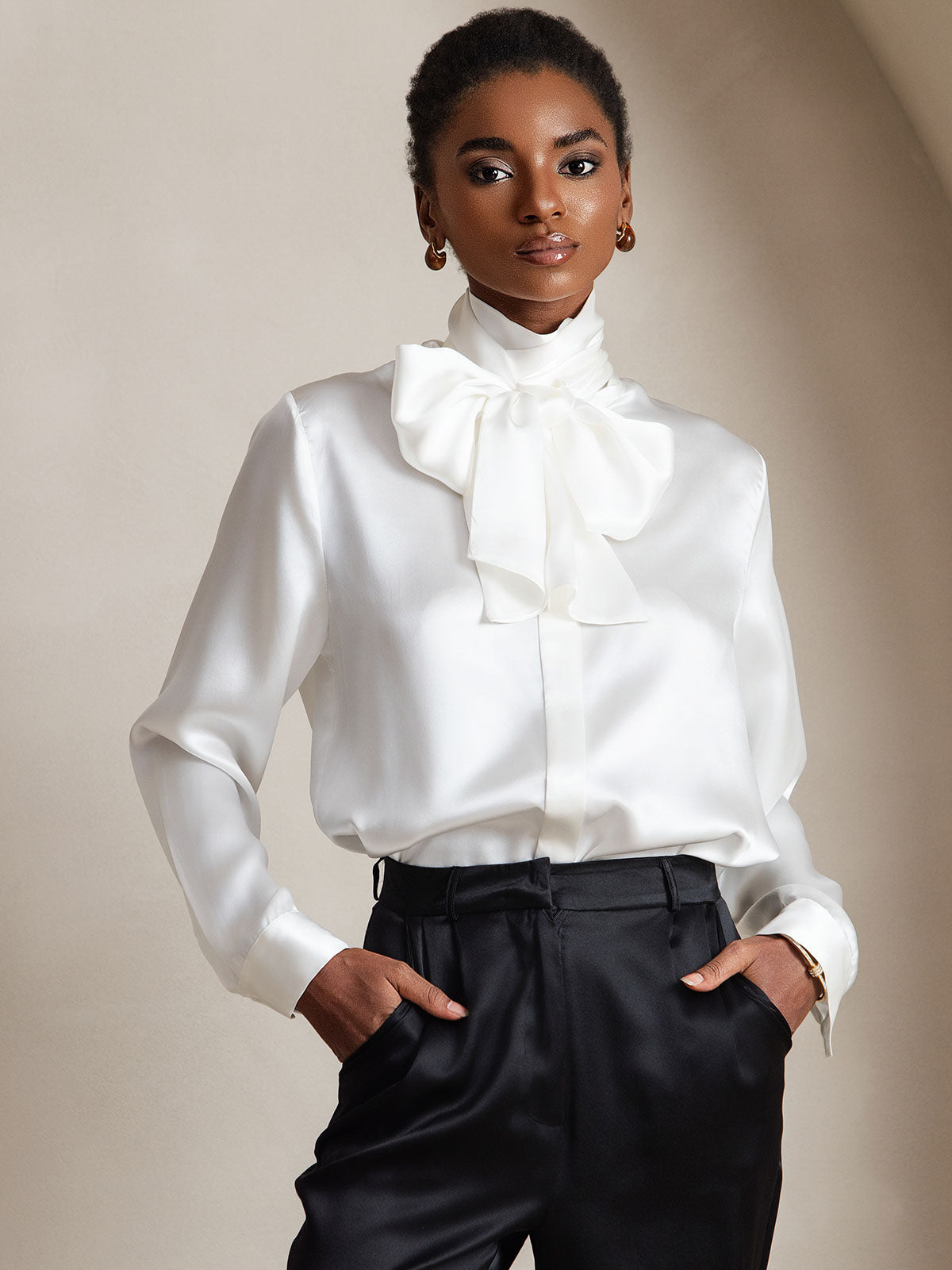 Variant image for Elegante Witte Blouse Dames van Moerbeizijde met Lange Mouwen en Strikdesign | Casual en Chic-21