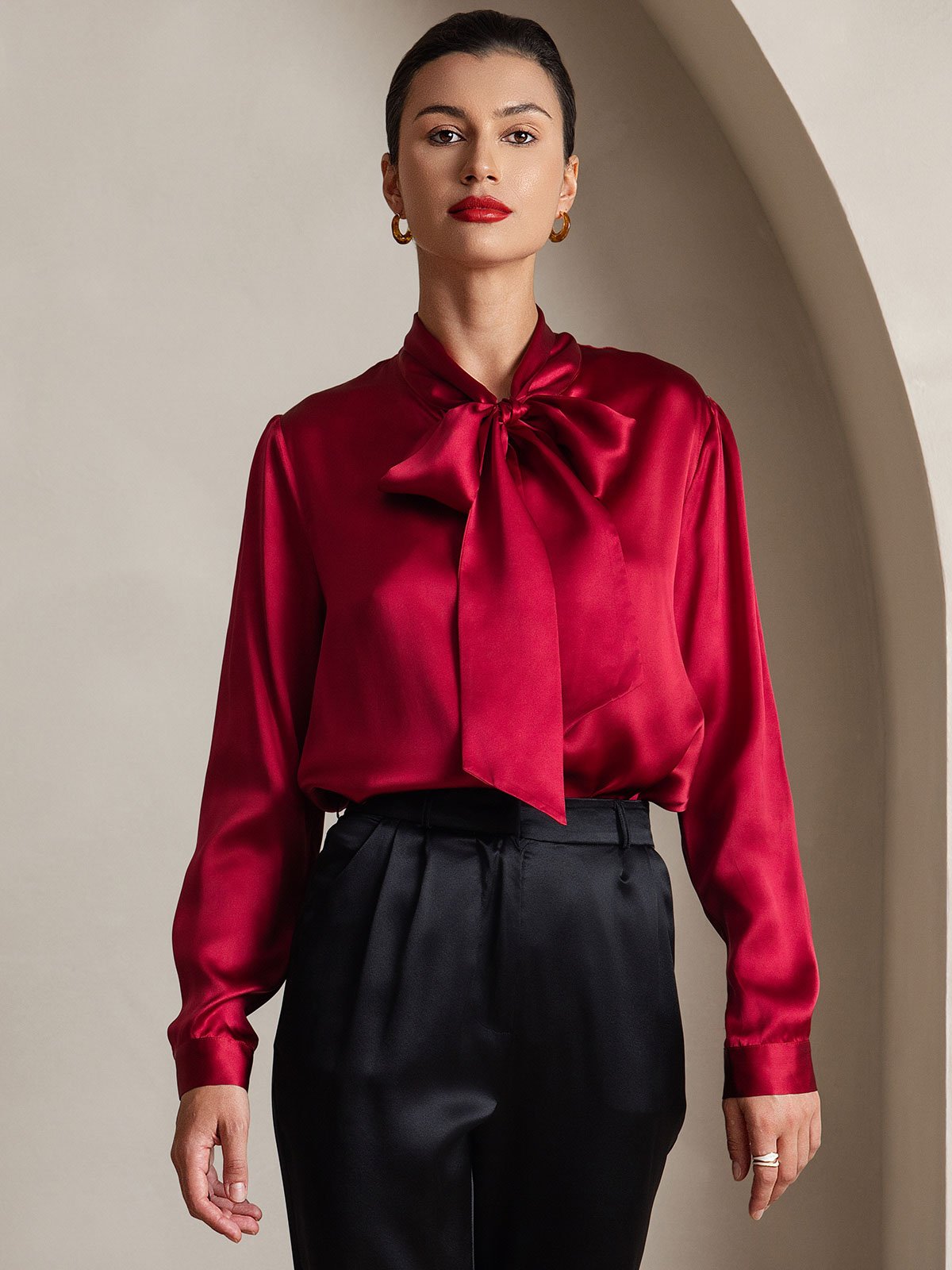 Variant image for Elegante Witte Blouse Dames van 19 Momme Zijden met Lange Mouwen – Chique Strikdetail voor Casual Gelegenheden-25