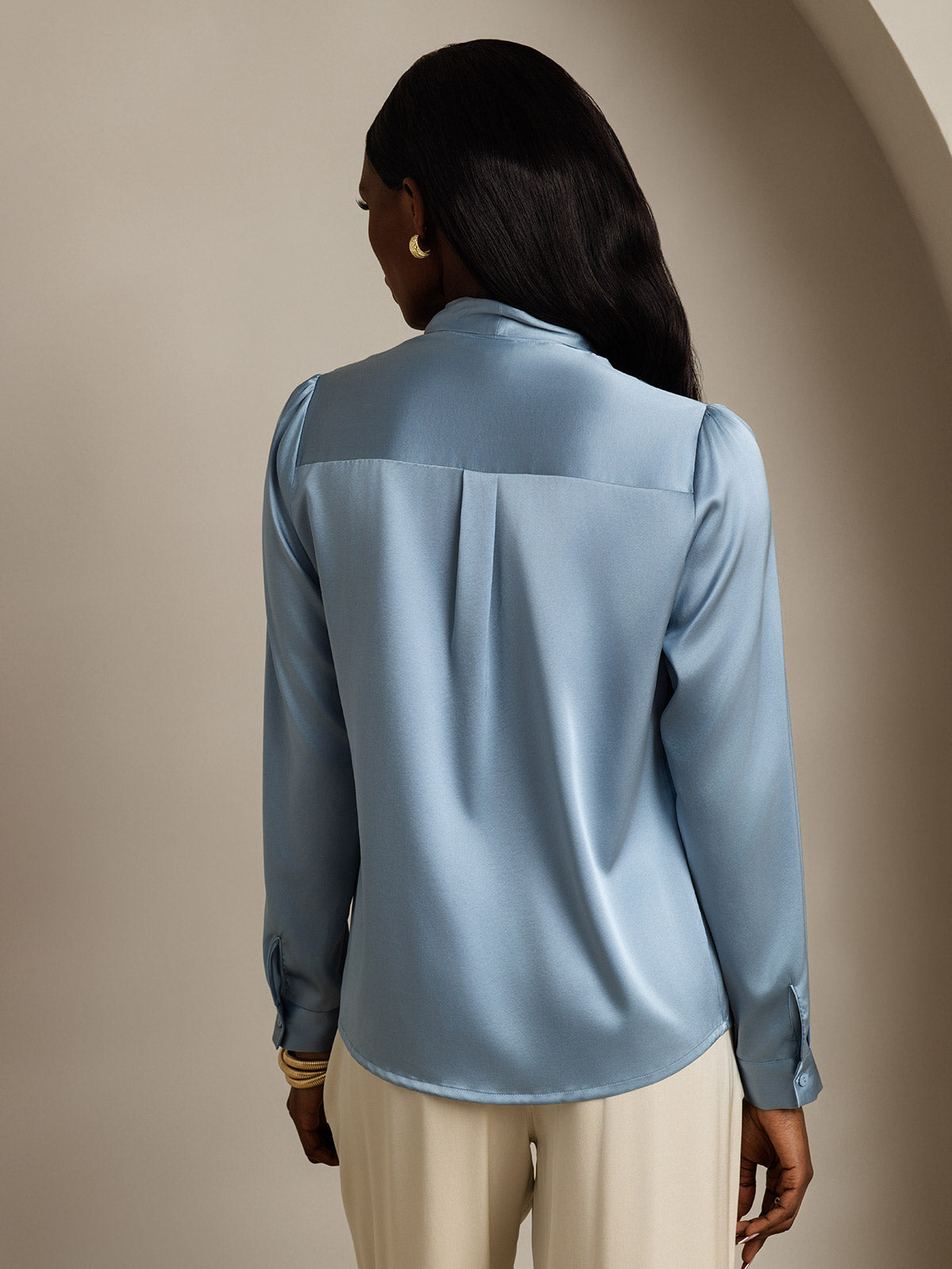 Elegante Witte Blouse Dames van 19 Momme Zijden met Lange Mouwen – Chique Strikdetail voor Casual Gelegenheden-2
