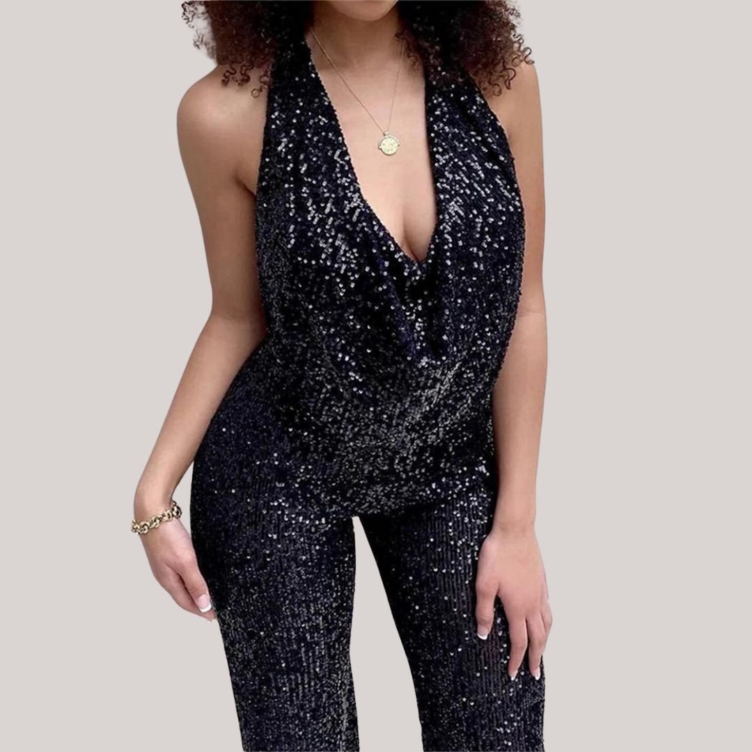 Variant image for Glinsterende Feestelijke Jumpsuit Dames met Halterhals en Wijd Uitlopende Benen | Zwart Avondkleding-19