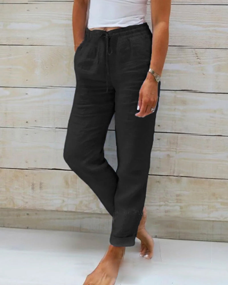Ontspannen Groene Damesbroek van Katoen-Linnenmix met Elastische Taille | Casual Comfort Dames Broeken-4