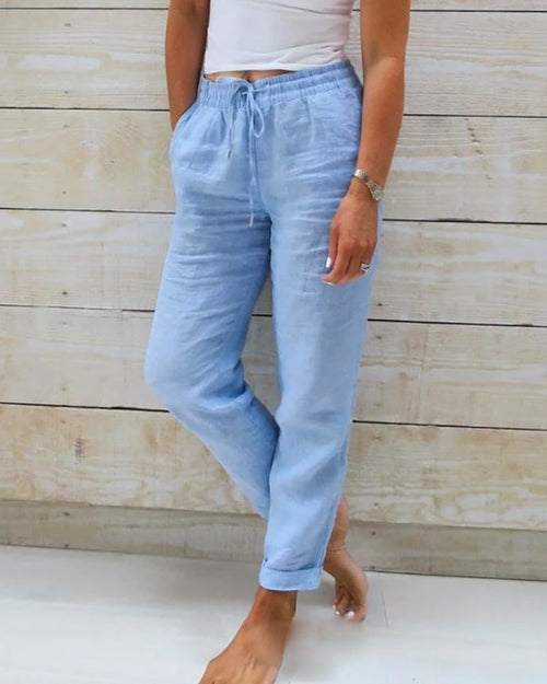 Ontspannen Groene Damesbroek van Katoen-Linnenmix met Elastische Taille | Casual Comfort Dames Broeken-1