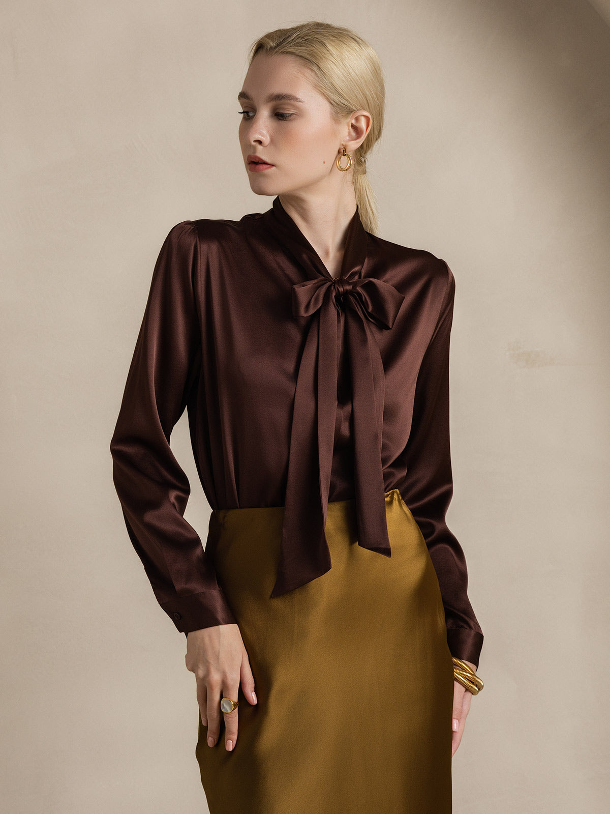 Variant image for Elegante Witte Blouse Dames van 19 Momme Zijden met Lange Mouwen – Chique Strikdetail voor Casual Gelegenheden-13