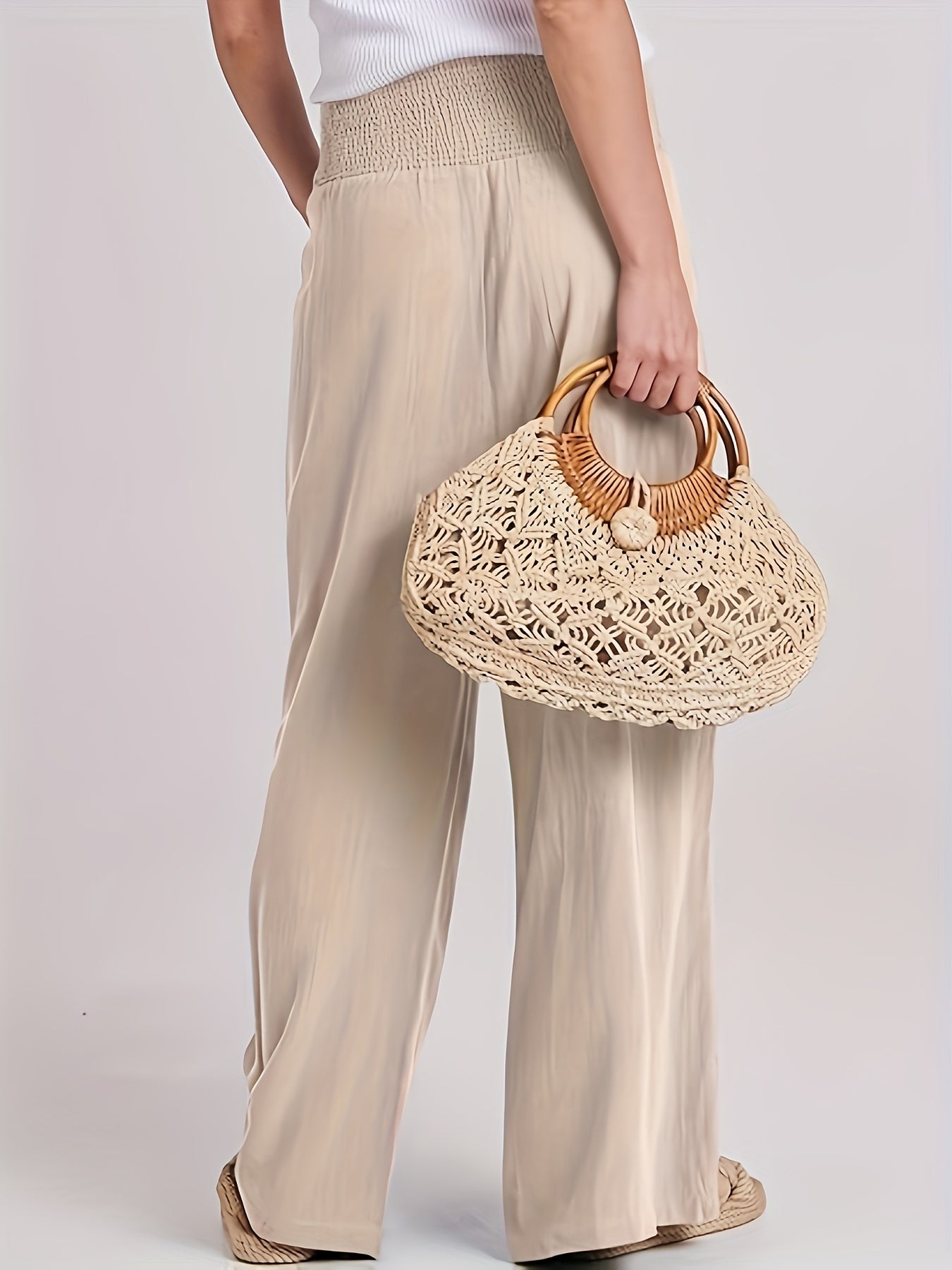 Elegante Hoge Taille Damesbroek met Losse Pasvorm en Elastische Band – Zwart Ademend Linnenmengsel-4