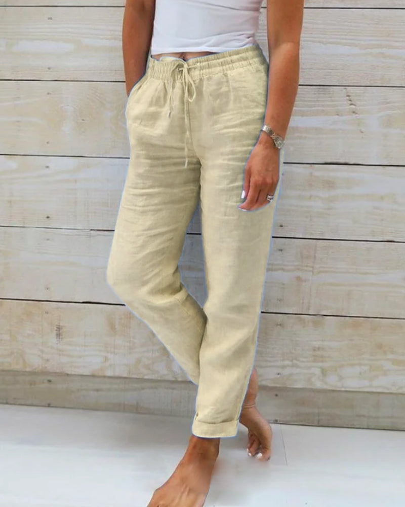 Ontspannen Groene Damesbroek van Katoen-Linnenmix met Elastische Taille | Casual Comfort Dames Broeken-2