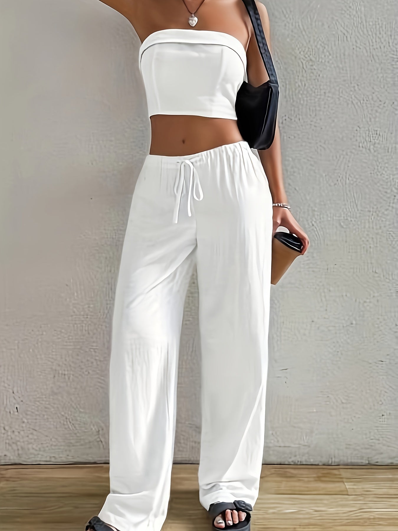 Chique Tweedelige Set Dames | Strapless Crop Top en Hoge Taille Brede Pantalon in Ademend Linnenmix-6