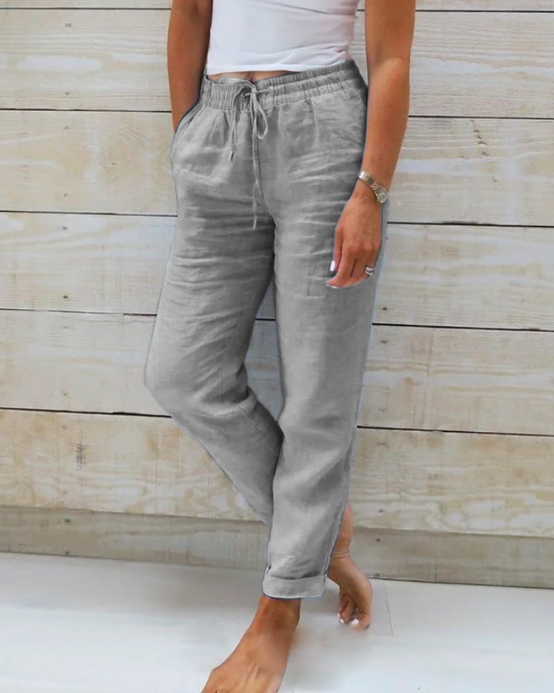 Variant image for Ontspannen Groene Damesbroek van Katoen-Linnenmix met Elastische Taille | Casual Comfort Dames Broeken-13