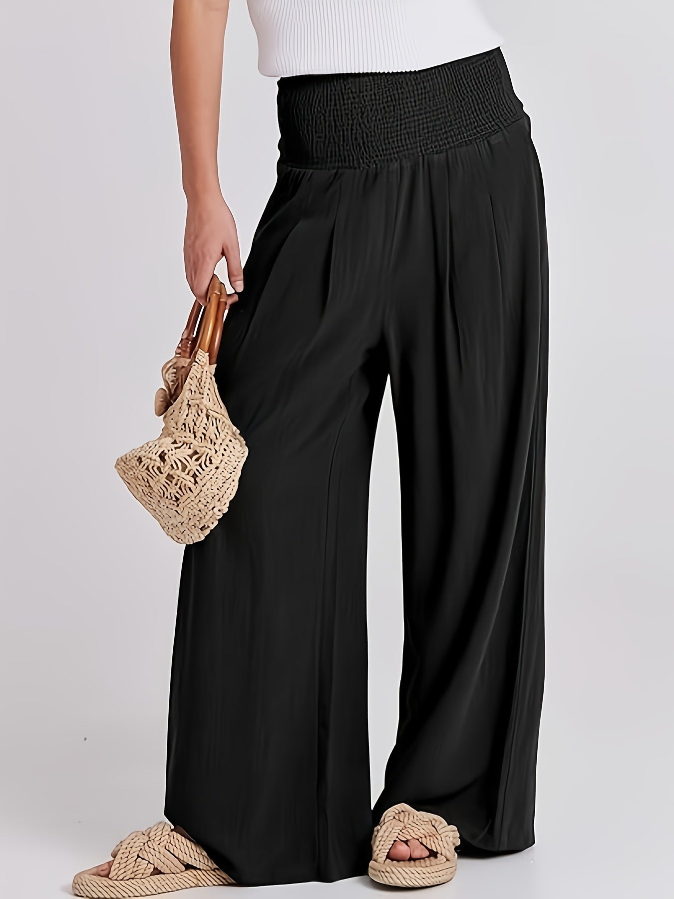Variant image for Elegante Hoge Taille Damesbroek met Losse Pasvorm en Elastische Band – Zwart Ademend Linnenmengsel-4
