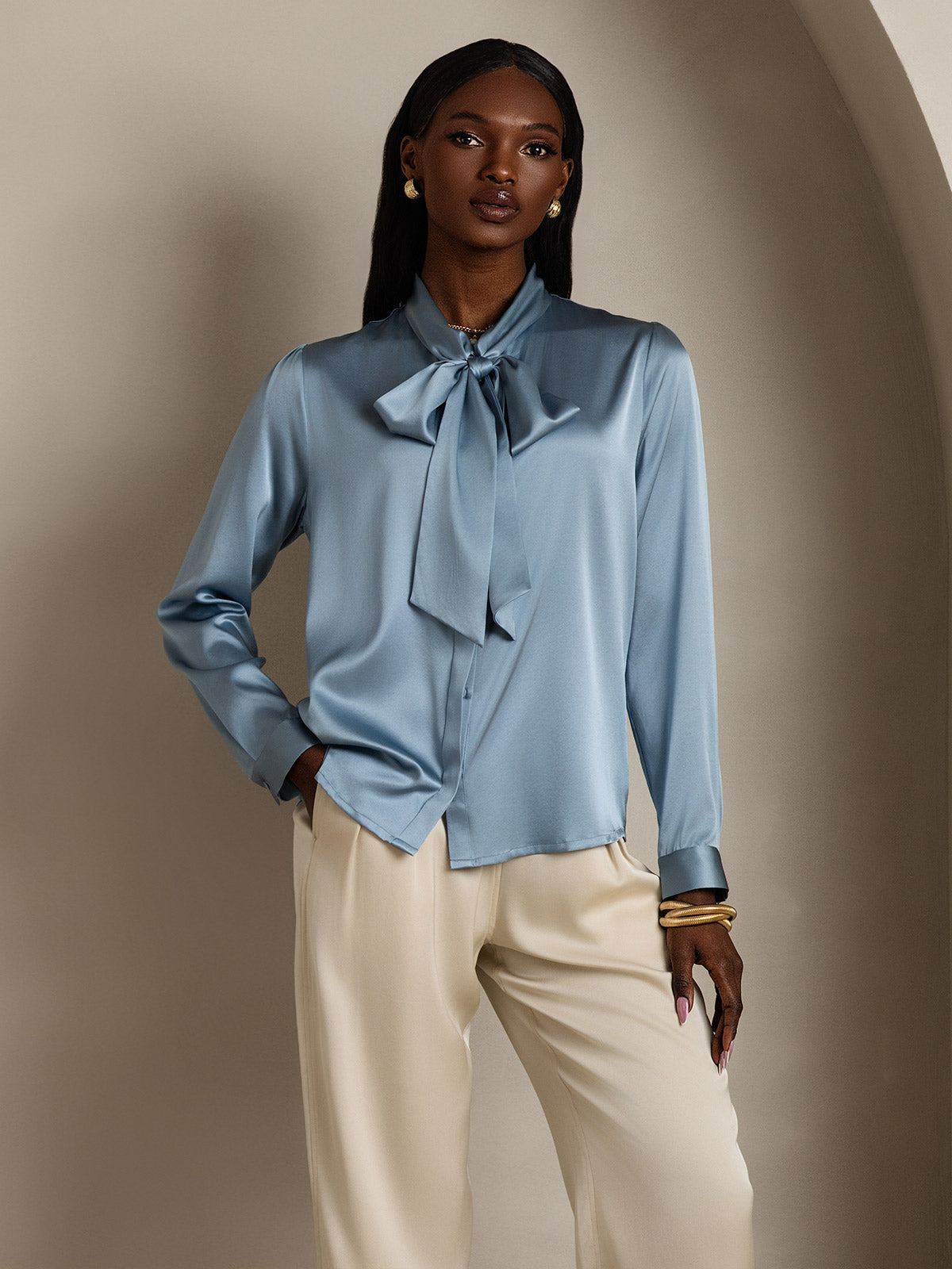 Elegante Witte Blouse Dames van 19 Momme Zijden met Lange Mouwen – Chique Strikdetail voor Casual Gelegenheden-5