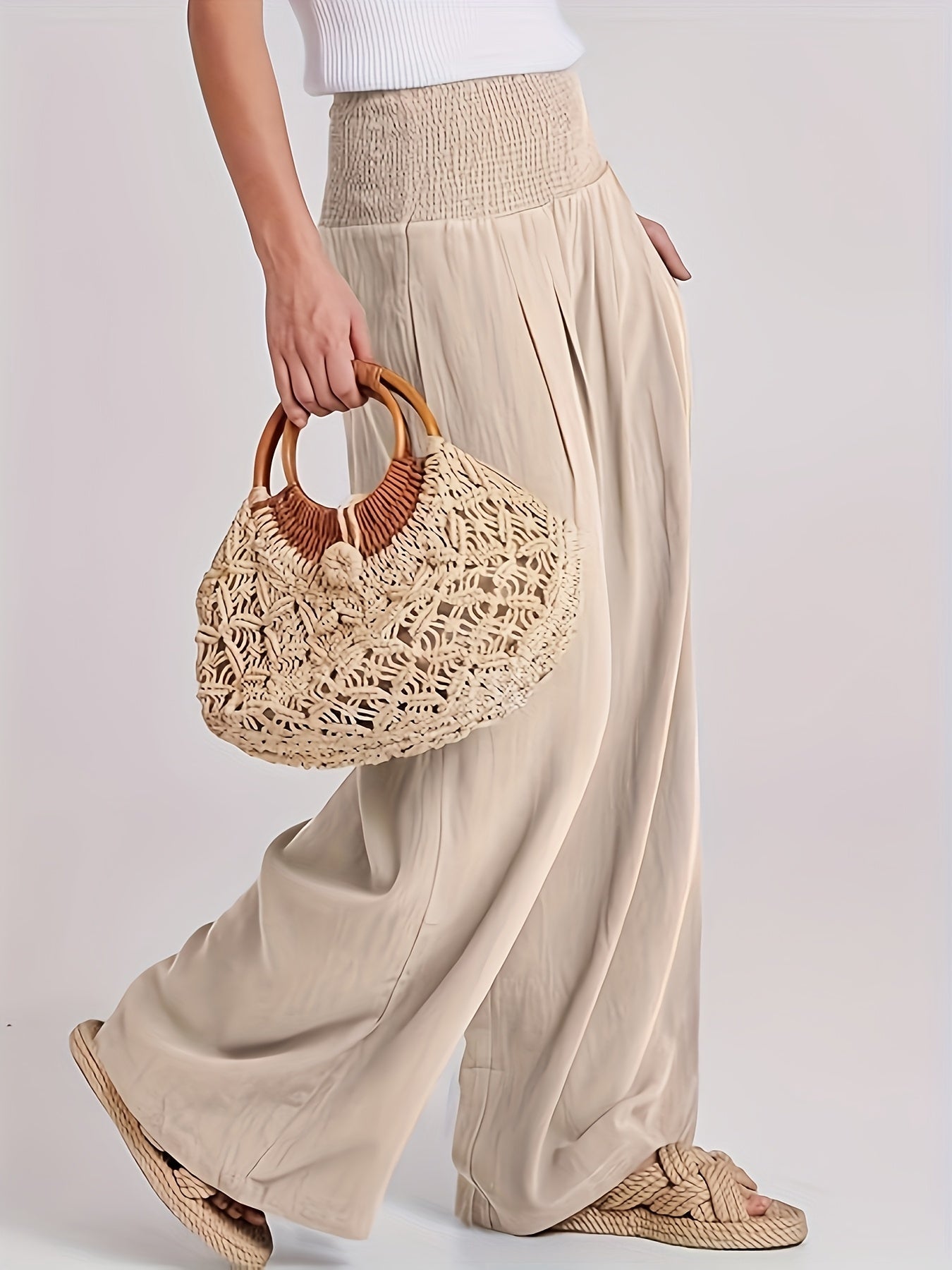 Elegante Hoge Taille Damesbroek met Losse Pasvorm en Elastische Band – Zwart Ademend Linnenmengsel-6