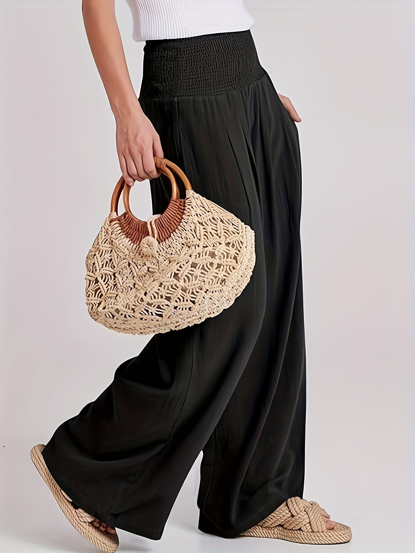 Elegante Hoge Taille Damesbroek met Losse Pasvorm en Elastische Band – Zwart Ademend Linnenmengsel-5