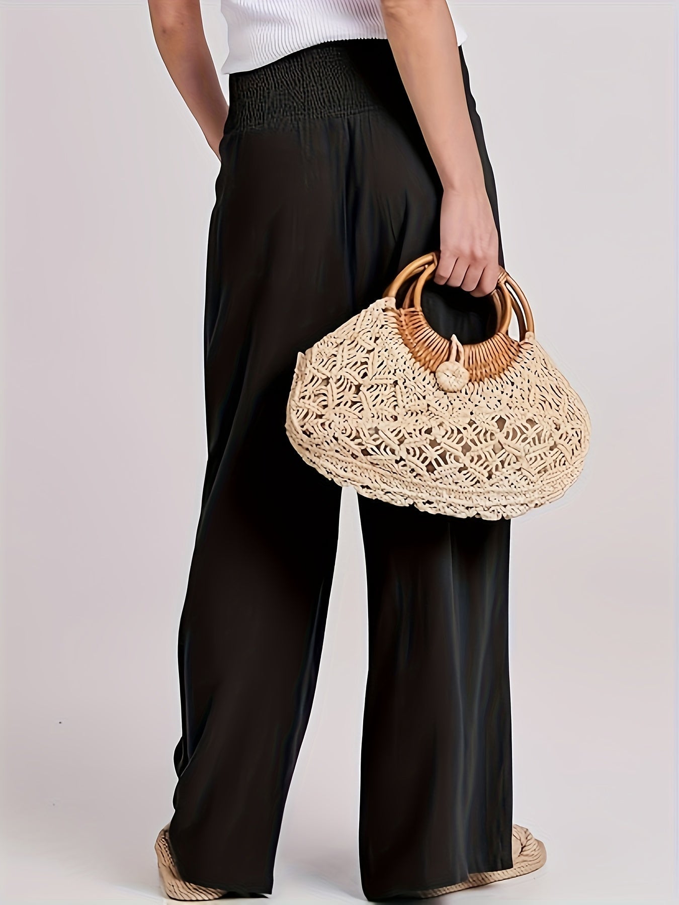 Elegante Hoge Taille Damesbroek met Losse Pasvorm en Elastische Band – Zwart Ademend Linnenmengsel-3