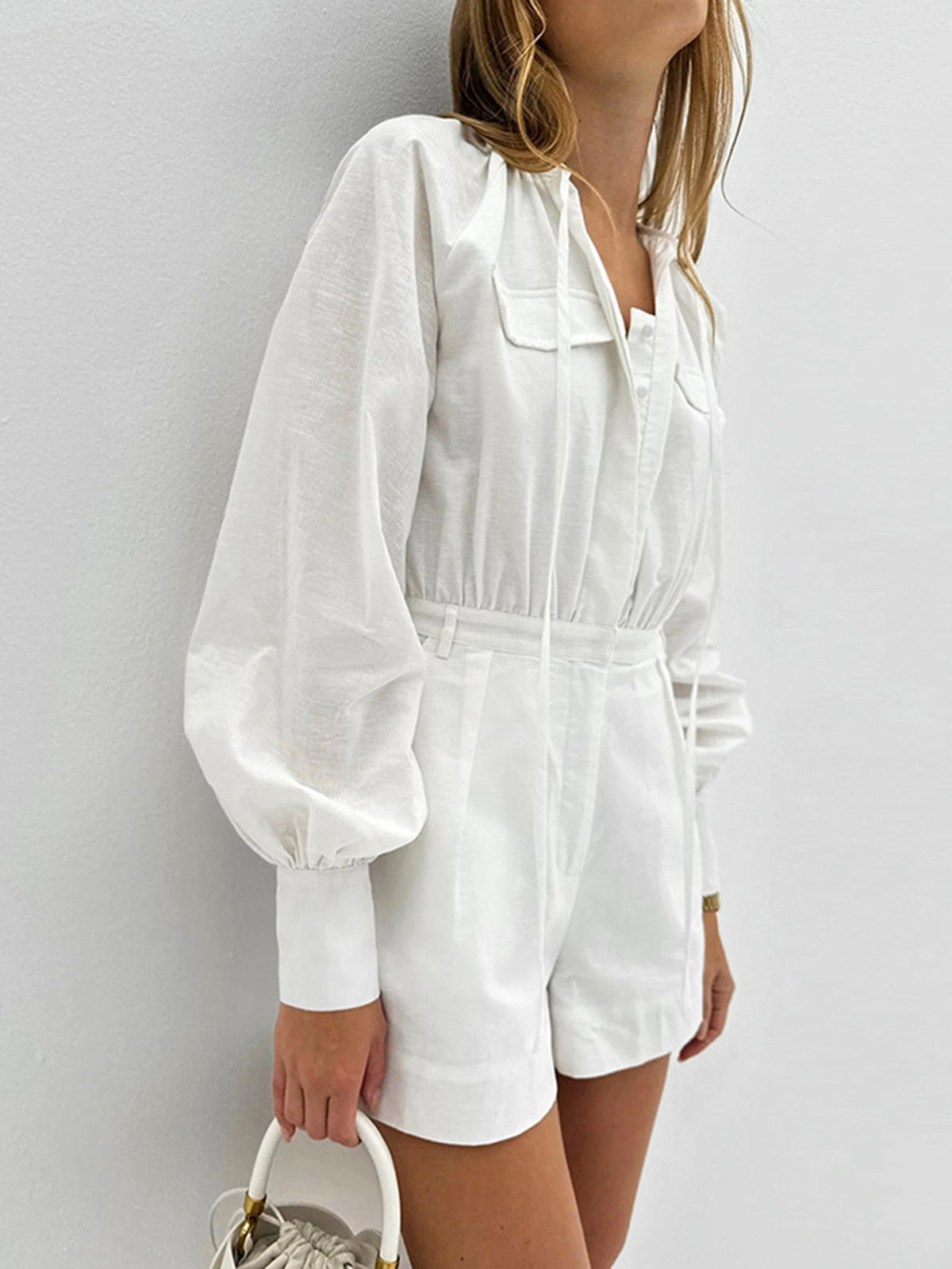 Elegante Korte Jumpsuit Dames met Stropdas Taille | 100% Katoen, Ontspannen Pasvorm, Lange Mouwen-2