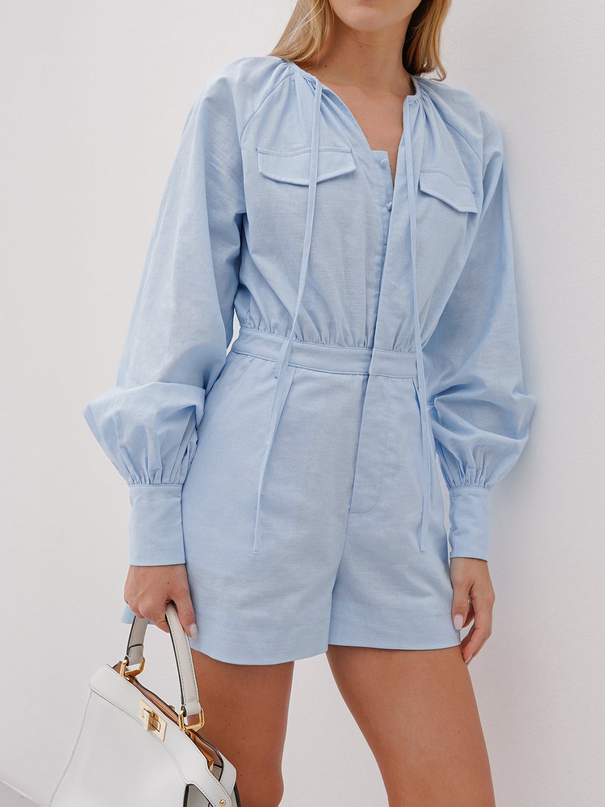Variant image for Elegante Korte Jumpsuit Dames met Stropdas Taille | 100% Katoen, Ontspannen Pasvorm, Lange Mouwen-6
