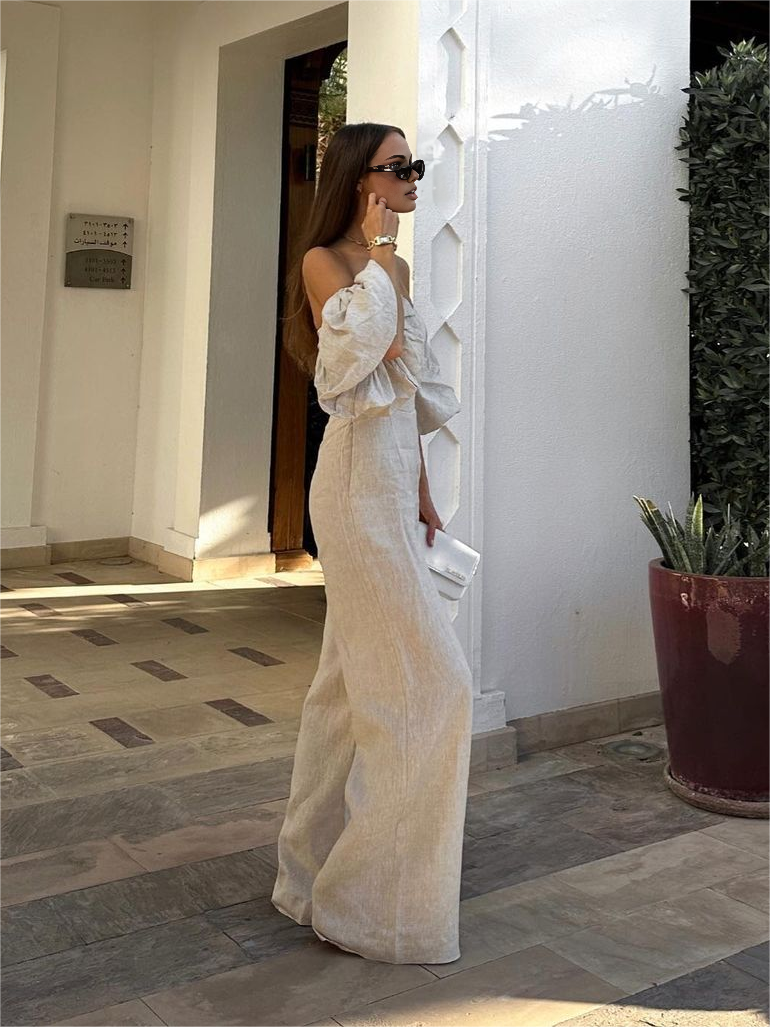 Elegante Feestelijke Dames Jumpsuit met Puff Mouwen en Brede Pijpen – Off-the-Shoulder Linnen Blend-3