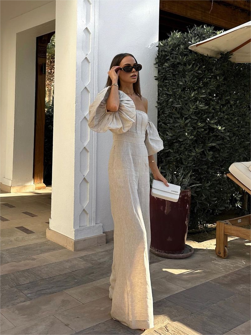 Elegante Feestelijke Dames Jumpsuit met Puff Mouwen en Brede Pijpen – Off-the-Shoulder Linnen Blend-2