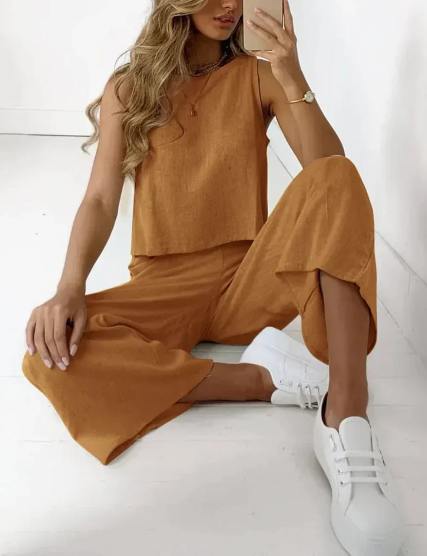 Variant image for Linnen Tweedelige Set Dames met Mouwloze Top en Hoge Taille Brede Pijpen | Ideaal voor Zomer Casual Outfits-25