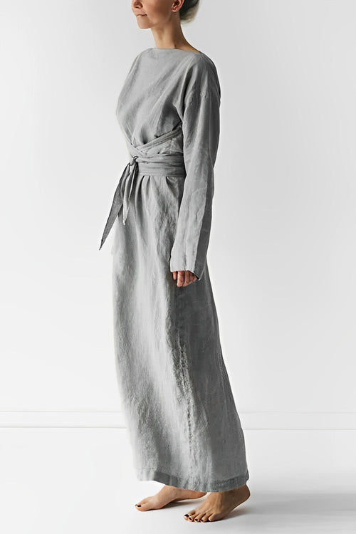 Elegante Maxi Jurk Dames van 100% Linnen met Lange Mouwen | Ademend Wrap-Design voor Zomer en Formele Gelegenheden-1