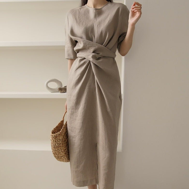 Variant image for Elegante Midi Jurk Dames met Asymmetrische Taille en Korte Mouwen – Lichtgewicht Linnenmix voor Zomerlook-1