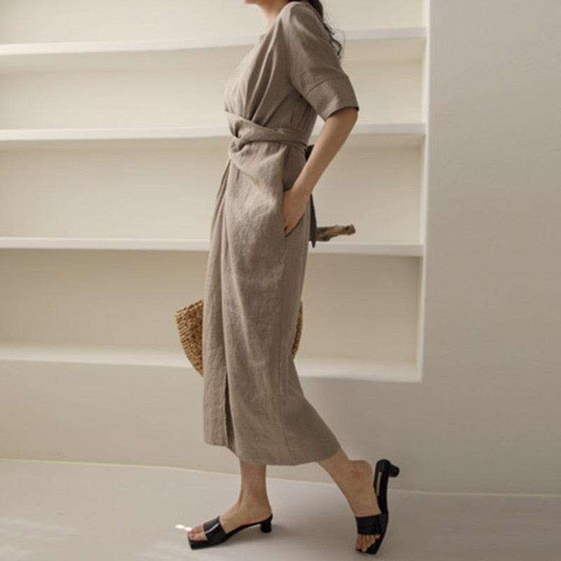 Elegante Midi Jurk Dames met Asymmetrische Taille en Korte Mouwen – Lichtgewicht Linnenmix voor Zomerlook-2