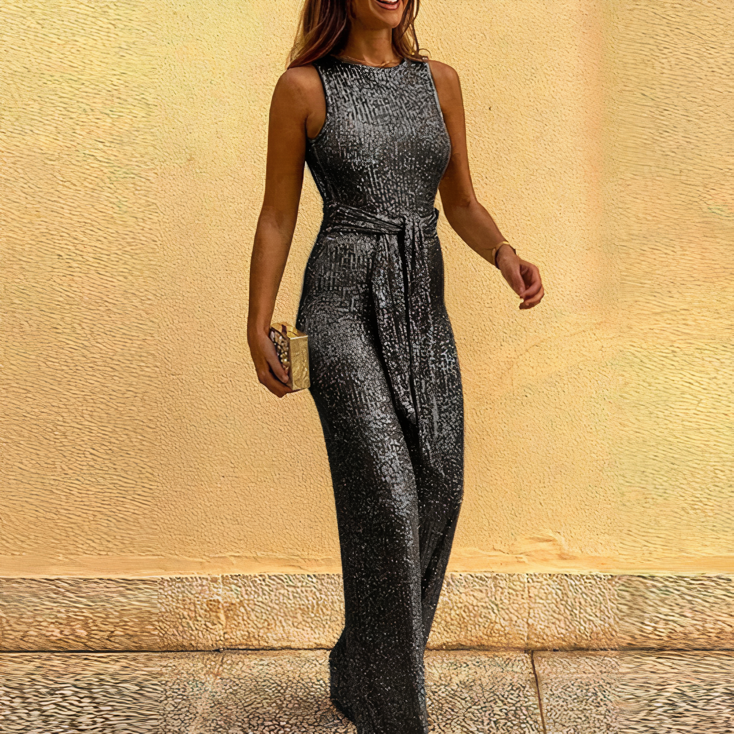 Glinsterende Mouwloze Dames Jumpsuit | Feestelijke Jumpsuit Zwart voor Avonden en Speciale Gelegenheden-2