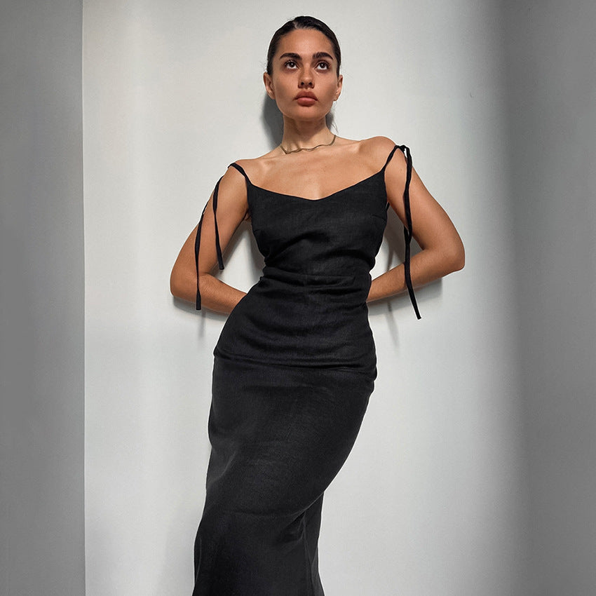 Variant image for Elegante A-Lijn Damesjurk met Hoge Taille en Stropdasriem | Katoenlinnenmix Maxi voor Zomer en Casual Gelegenheden-4