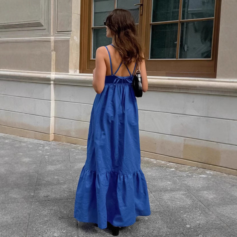 Elegante Maxi Jurk Dames met V-hals en Spaghetti Riemen – Ademend Katoen-Linnen A-lijn voor Zomer-4
