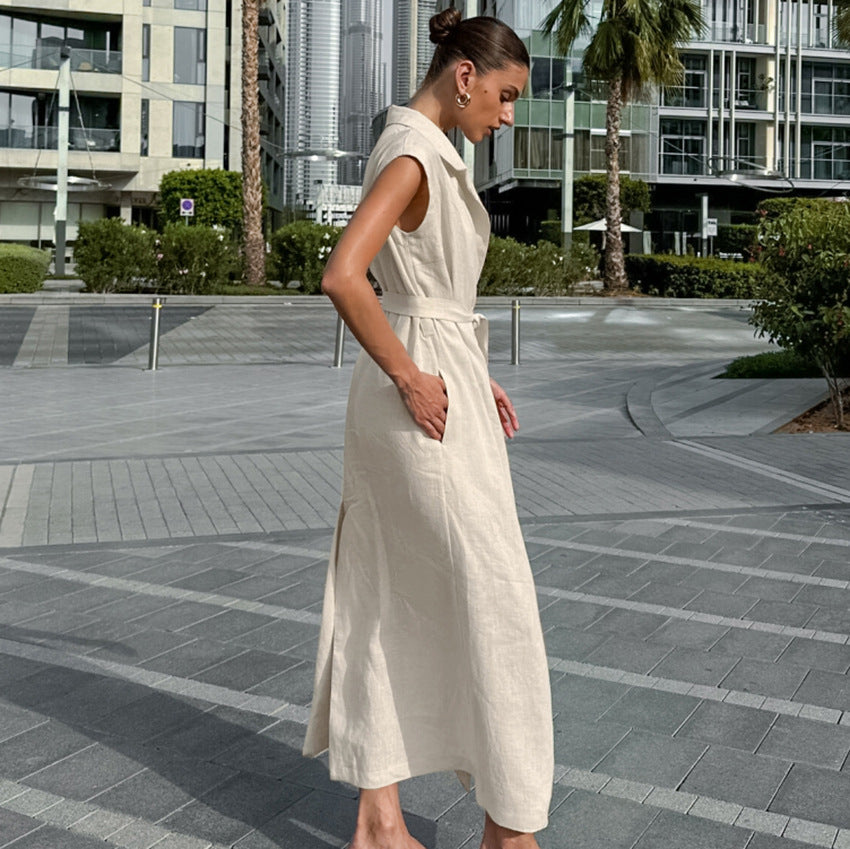Elegante Lange Jurk Dames van Katoen-Linnenmix met Hoge Taille en Collared Design | Lange Zomerjurk voor Casual en Sociale Evenementen-4