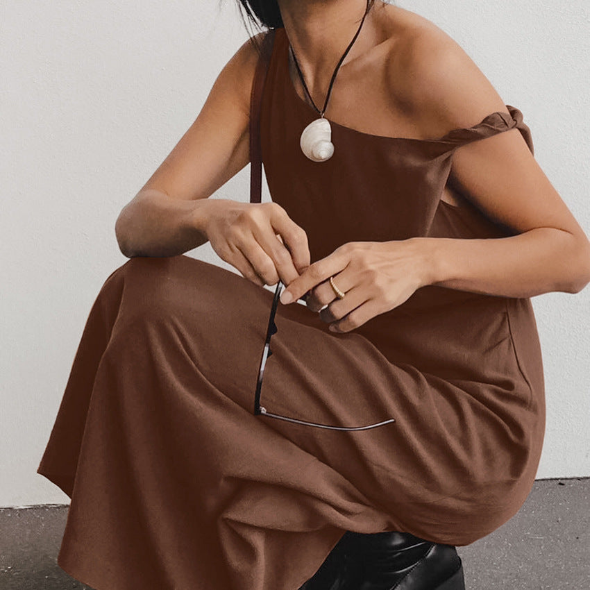 Elegante Lange Jurk Dames – Asymmetrische Off-Shoulder Zomerjurk in Katoenen Linnenmix-3