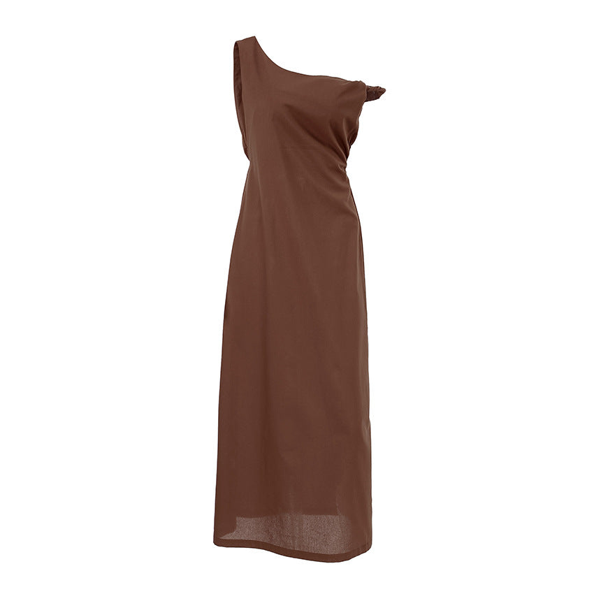 Elegante Lange Jurk Dames – Asymmetrische Off-Shoulder Zomerjurk in Katoenen Linnenmix-5