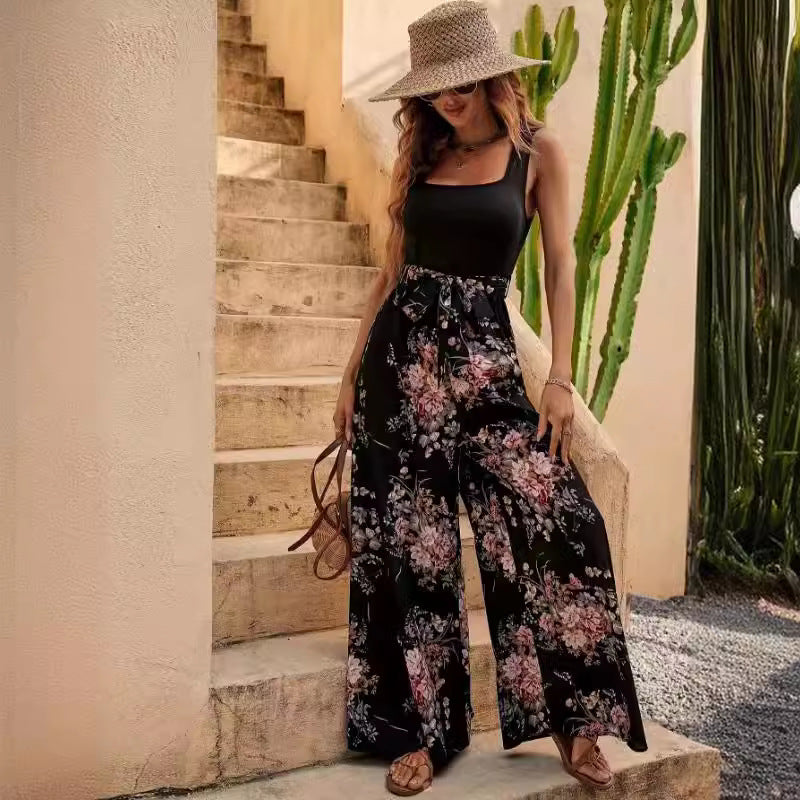 Variant image for Bloemenprint Dames Jumpsuit | Mouwloos, Gedefinieerde Taille, Brede Been, Ademend, Zomer Comfort-1