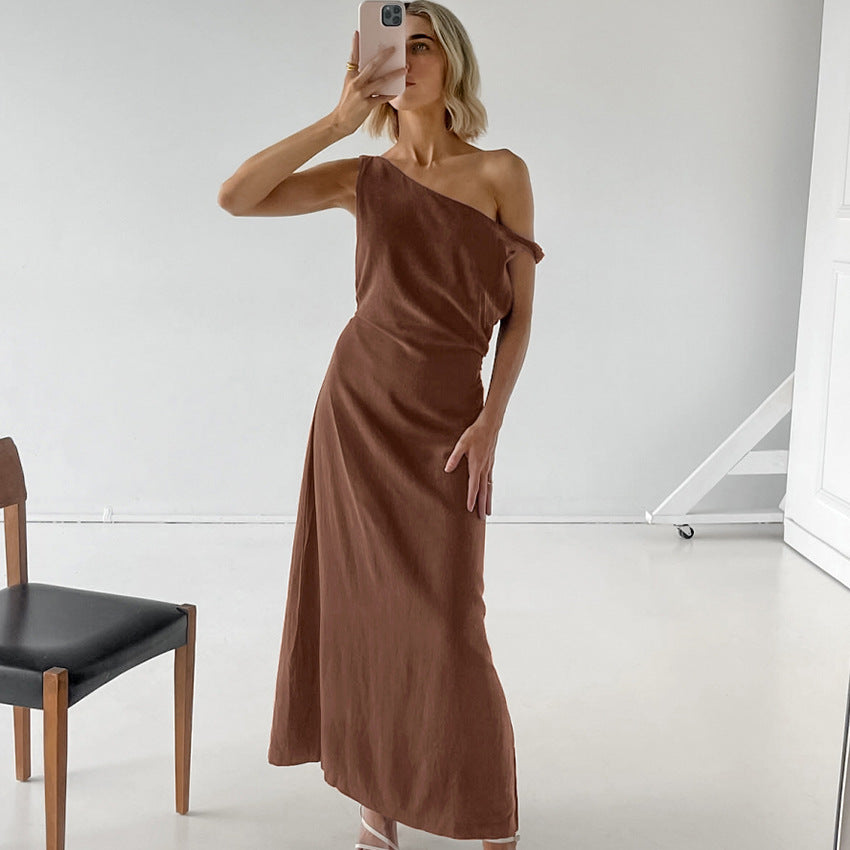 Elegante Lange Jurk Dames – Asymmetrische Off-Shoulder Zomerjurk in Katoenen Linnenmix-2