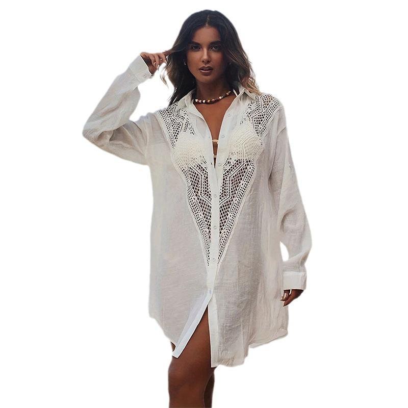 Elegante Dames Strandblouse met Haakholle Ontwerp | Lichtgewicht Linnen Knoop-Up Dekmantel voor Zomeruitjes-5