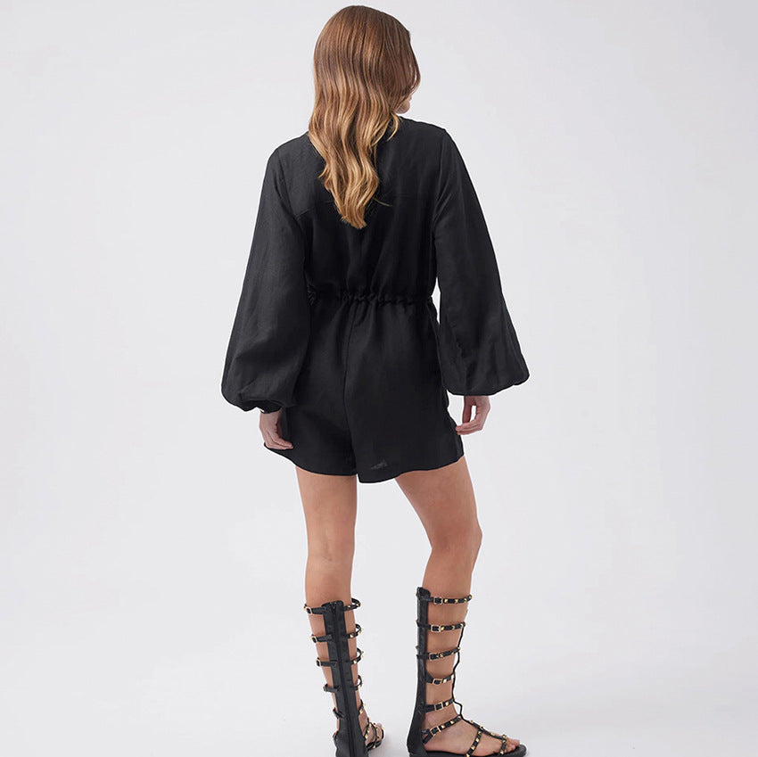 Chic Dames Jumpsuit met Lange Mouwen en Trekkoord Taille | Katoen-Linnen Blend in Utility Style voor de Zomer-3