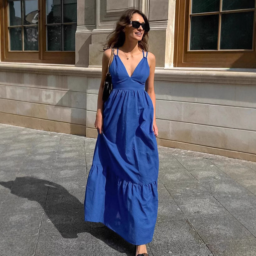 Elegante Maxi Jurk Dames met V-hals en Spaghetti Riemen – Ademend Katoen-Linnen A-lijn voor Zomer-2