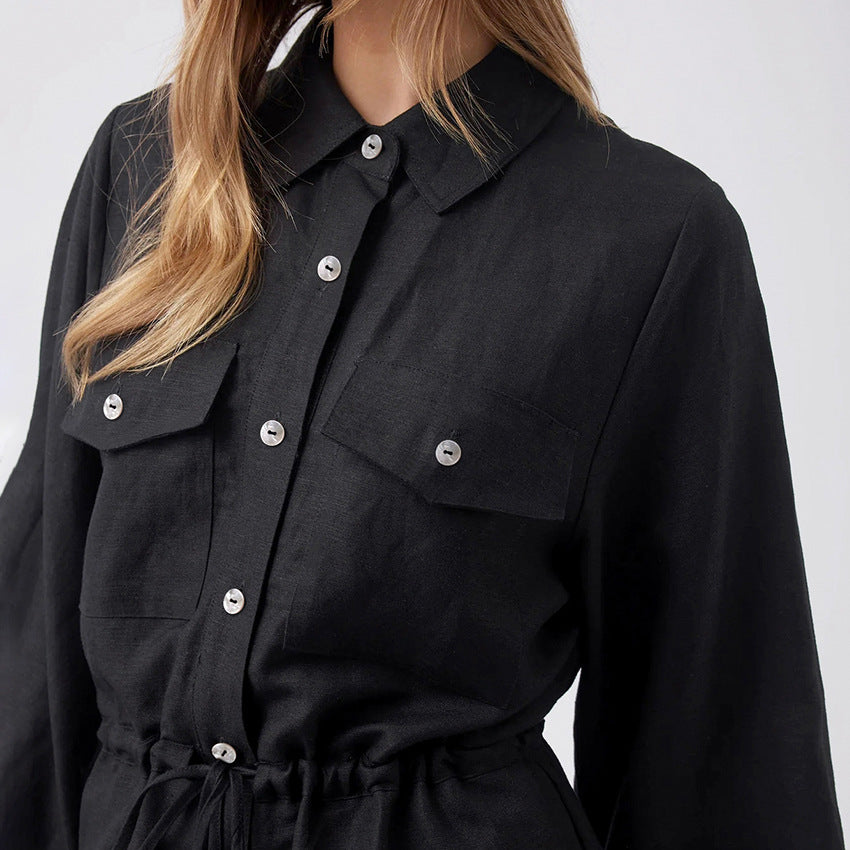 Chic Dames Jumpsuit met Lange Mouwen en Trekkoord Taille | Katoen-Linnen Blend in Utility Style voor de Zomer-4