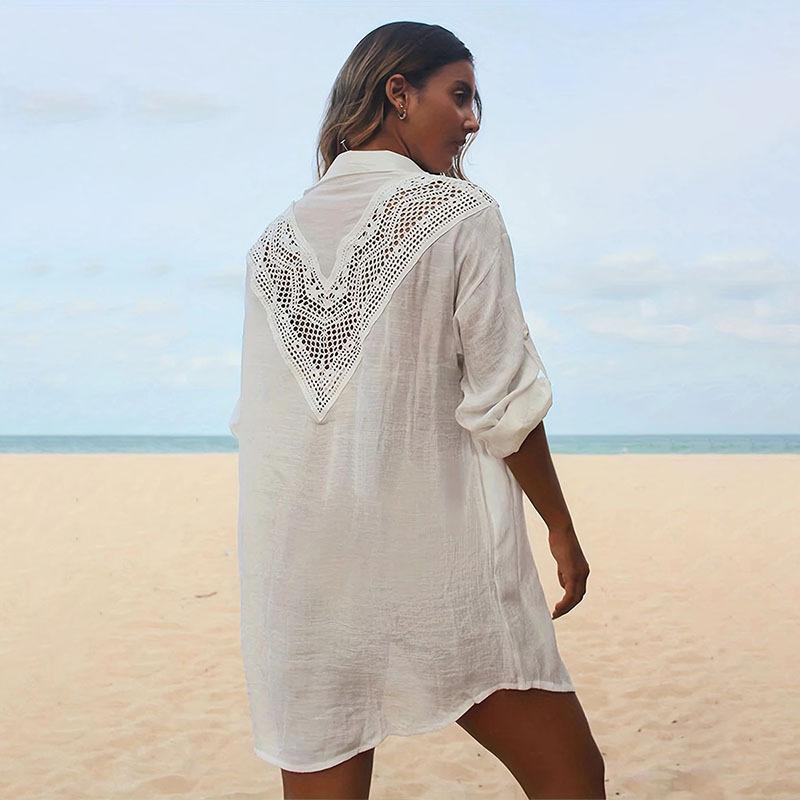 Elegante Dames Strandblouse met Haakholle Ontwerp | Lichtgewicht Linnen Knoop-Up Dekmantel voor Zomeruitjes-3