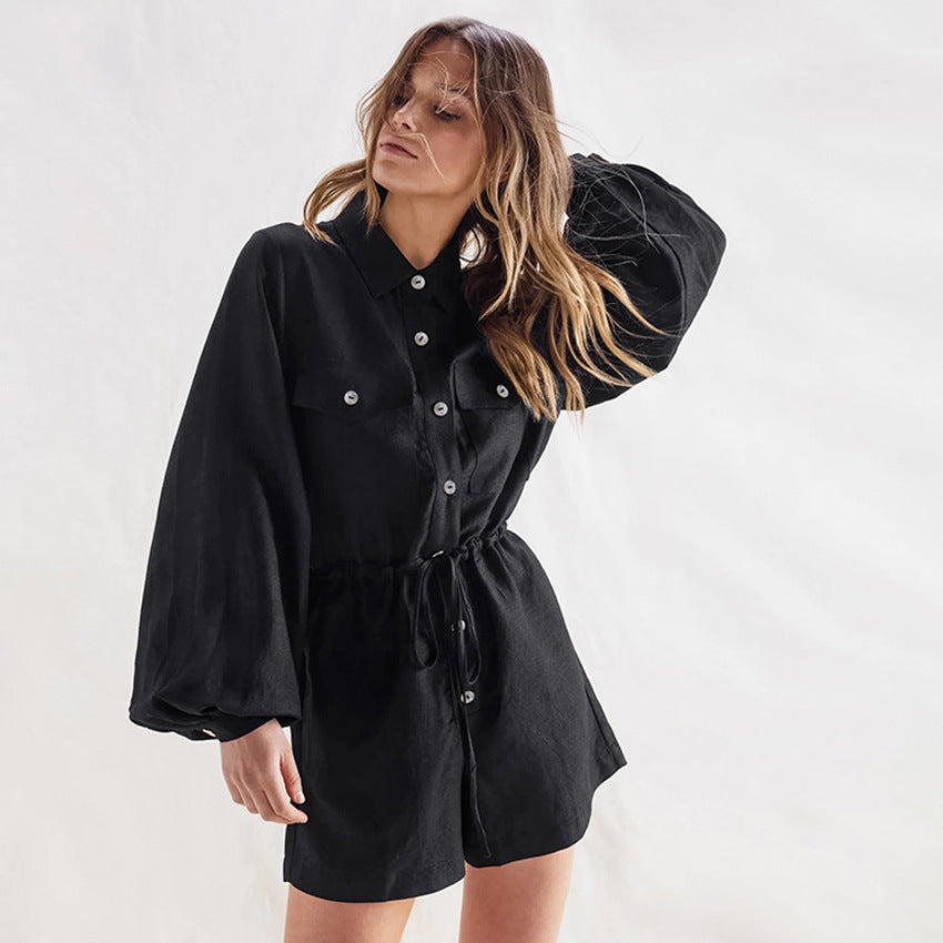 Chic Dames Jumpsuit met Lange Mouwen en Trekkoord Taille | Katoen-Linnen Blend in Utility Style voor de Zomer-2