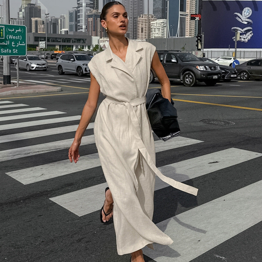 Elegante Lange Jurk Dames van Katoen-Linnenmix met Hoge Taille en Collared Design | Lange Zomerjurk voor Casual en Sociale Evenementen-2