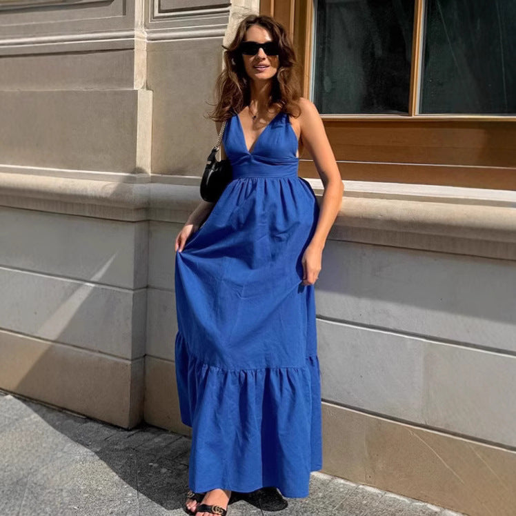 Elegante Maxi Jurk Dames met V-hals en Spaghetti Riemen – Ademend Katoen-Linnen A-lijn voor Zomer-3