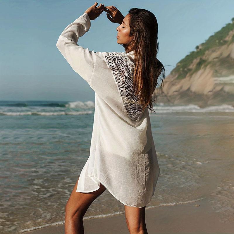 Elegante Dames Strandblouse met Haakholle Ontwerp | Lichtgewicht Linnen Knoop-Up Dekmantel voor Zomeruitjes-4