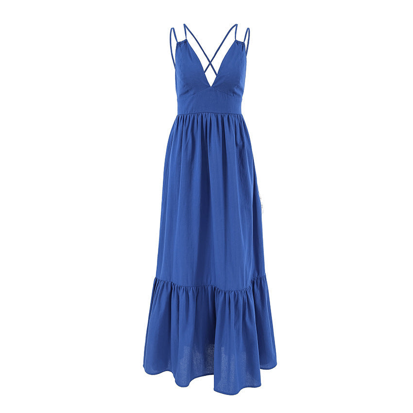 Elegante Maxi Jurk Dames met V-hals en Spaghetti Riemen – Ademend Katoen-Linnen A-lijn voor Zomer-5