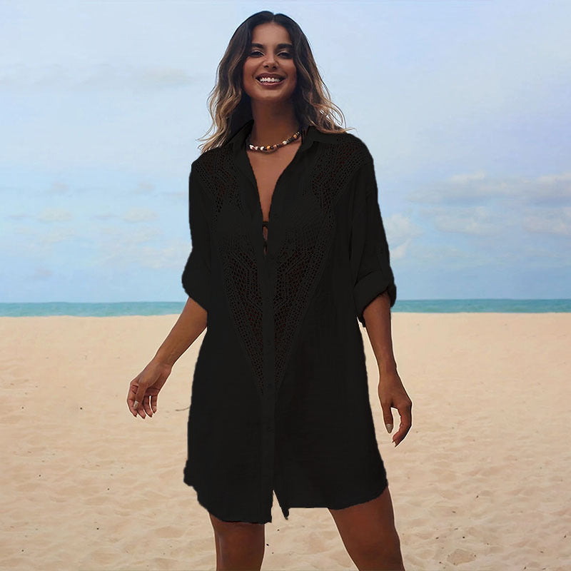 Variant image for Elegante Dames Strandblouse met Haakholle Ontwerp | Lichtgewicht Linnen Knoop-Up Dekmantel voor Zomeruitjes-2