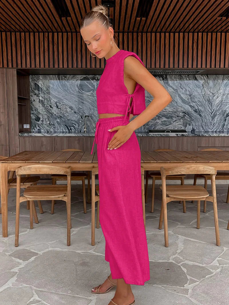 Variant image for Elegante Dameslinnen Tweedelige Set | Crop Top en Brede Pijpen voor Zomerstijl – Ademend en Comfortabel-1