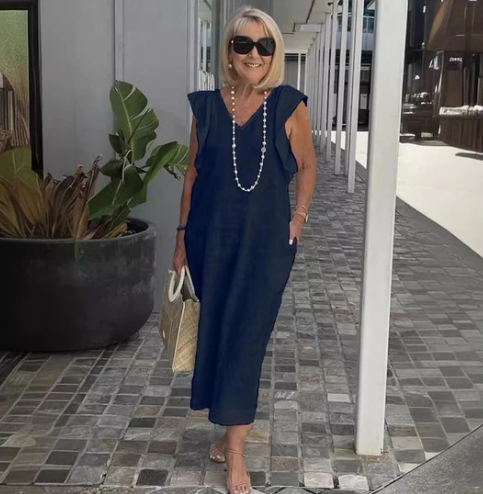 Stijlvolle Midi Jurk Dames met V-hals en Mouwloos Ontwerp – Ademend Katoen-Linnenmix voor Zomer Casual-3