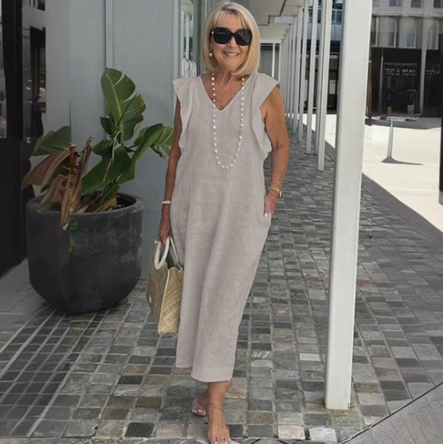 Stijlvolle Midi Jurk Dames met V-hals en Mouwloos Ontwerp – Ademend Katoen-Linnenmix voor Zomer Casual-5