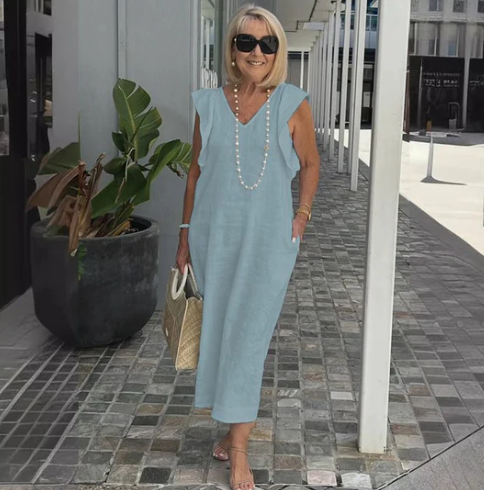 Stijlvolle Midi Jurk Dames met V-hals en Mouwloos Ontwerp – Ademend Katoen-Linnenmix voor Zomer Casual-6