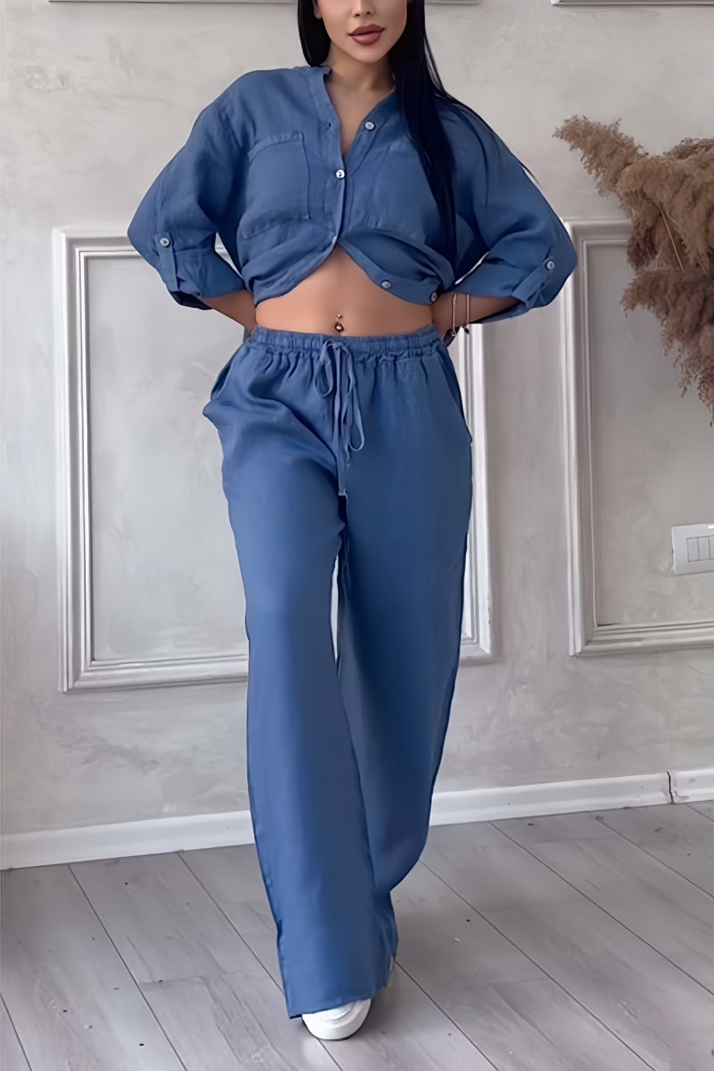 Linnen Dames Set | Tweedelige Set met Button-Down Shirt en Brede Pijpenbroek - Ademend en Ontspannen Fit-2